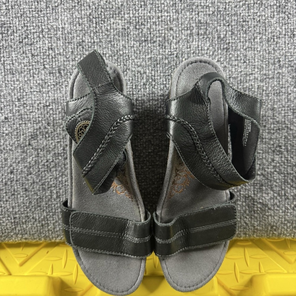Aetrex Sandals Womens Size 8.5 Black Leather Strappy Wedge Hook Loop Comfort